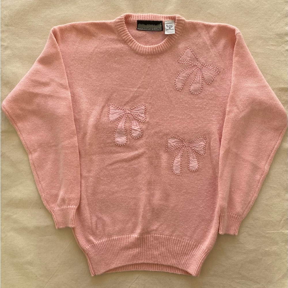 Bramble Lane Coquette Style Pink Bow Embellished Women's Sweater Vintage Knit M